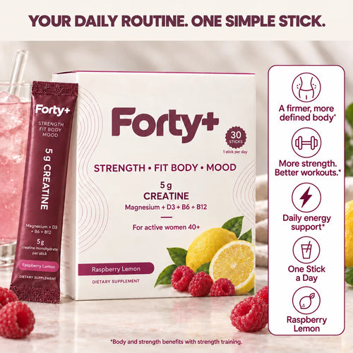 Forty+ box and stick. Benefits: a firmer, more defined body; more strength and better workouts; daily energy support. Body and strength benefits with strength training. One stick a day, Raspberry Lemon.