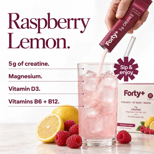 Raspberry Lemon drink with ice and a glass straw, with individual callouts for 5g of creatine, magnesium, vitamin D3, and vitamins B6 and B12.